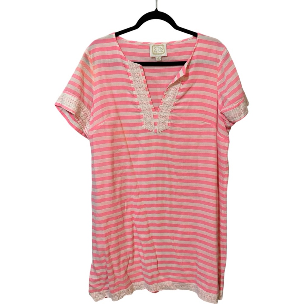 Sail to Sable Women's XL Striped‎ Mini Dress Coverup Lace V Neck 100% Cotton